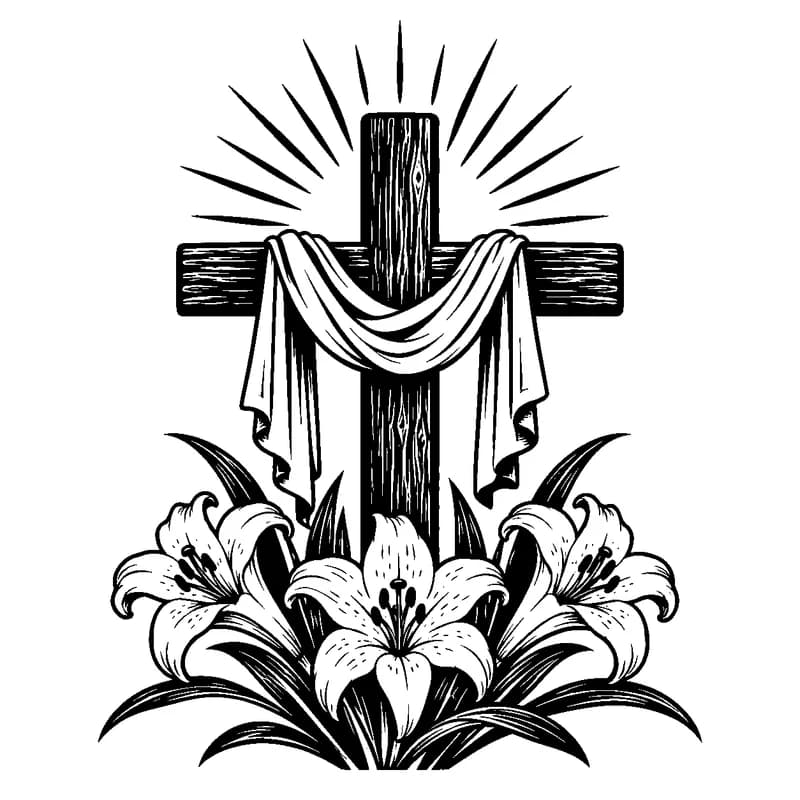 Easter Cross & Lilies: black-and-white easter laser engraving artwork
