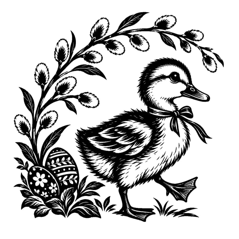 Duckling & Pussy Willow: black-and-white easter laser engraving artwork