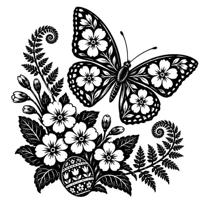 Butterfly & Spring Primroses: black-and-white easter laser engraving artwork