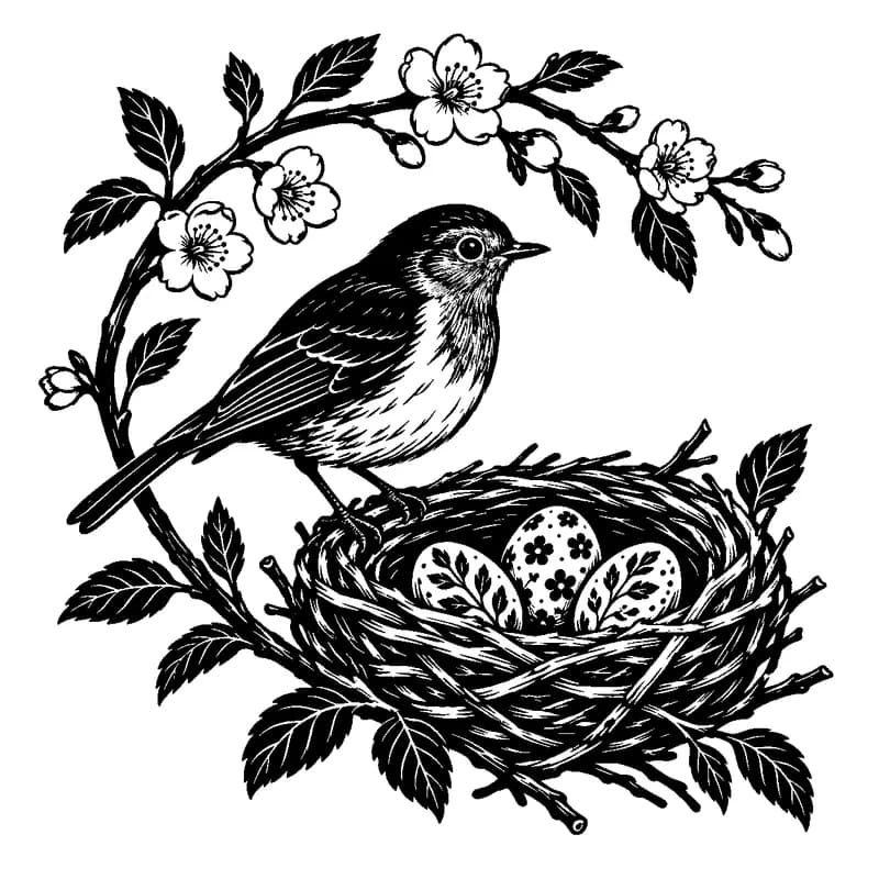 Robin's Easter Nest: black-and-white easter laser engraving artwork