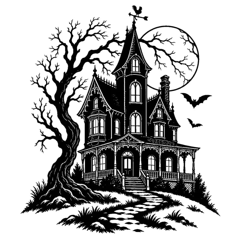 The House on the Hill: black-and-white halloween laser engraving artwork