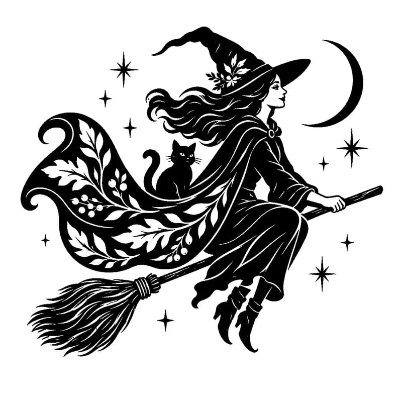 Witch Above the Harvest Moon: black-and-white halloween laser engraving artwork