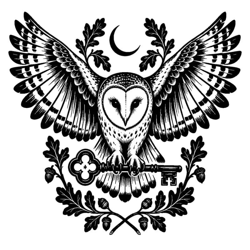 Owl & the Old Iron Key: black-and-white halloween laser engraving artwork