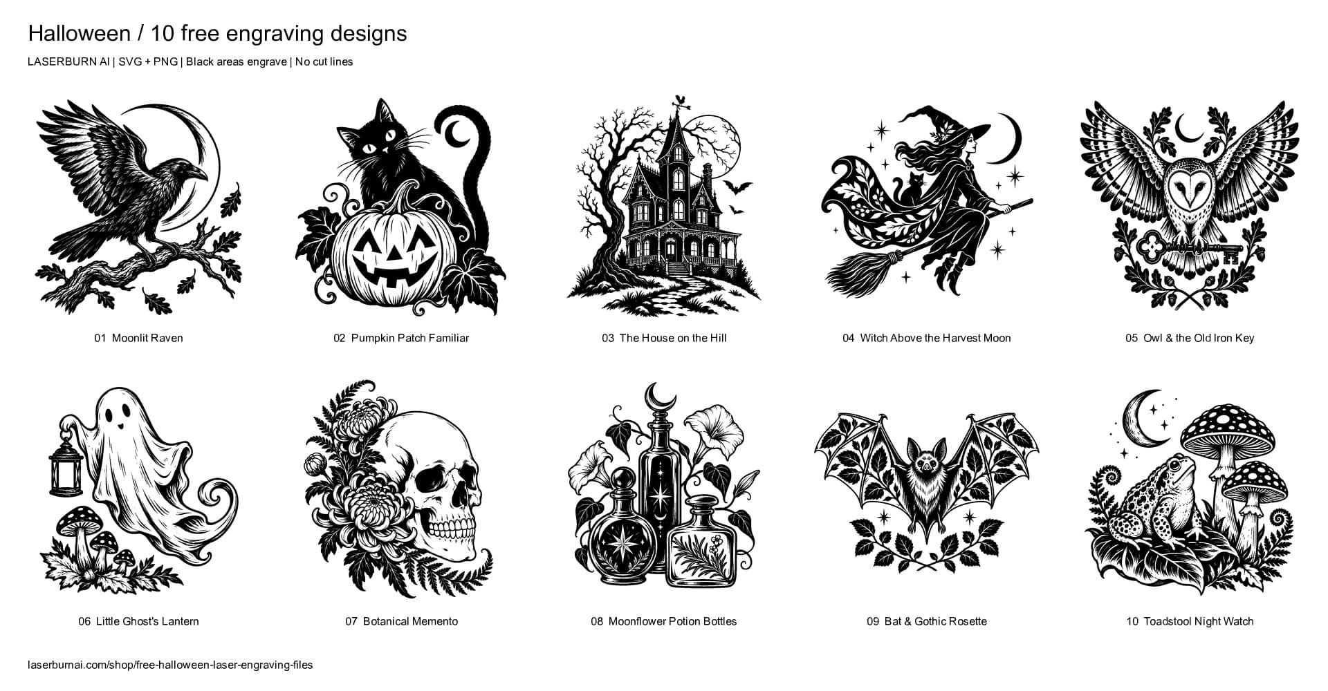 The ten Halloween laser engraving designs included in the free pack