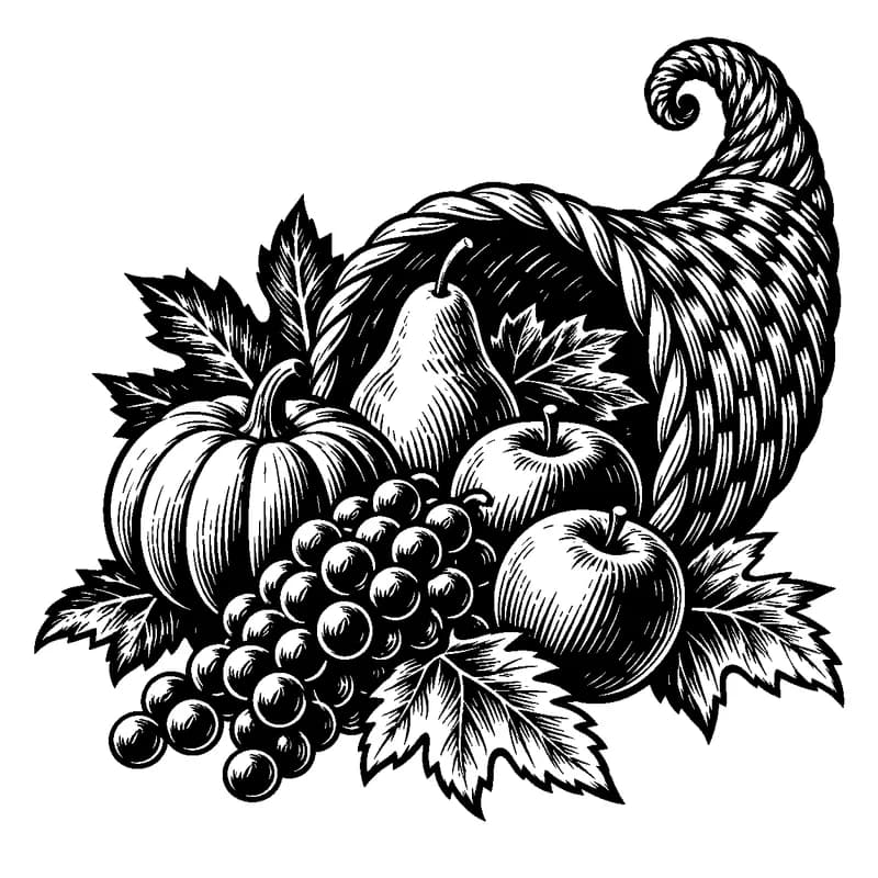 Abundant Harvest Cornucopia: black-and-white thanksgiving laser engraving artwork