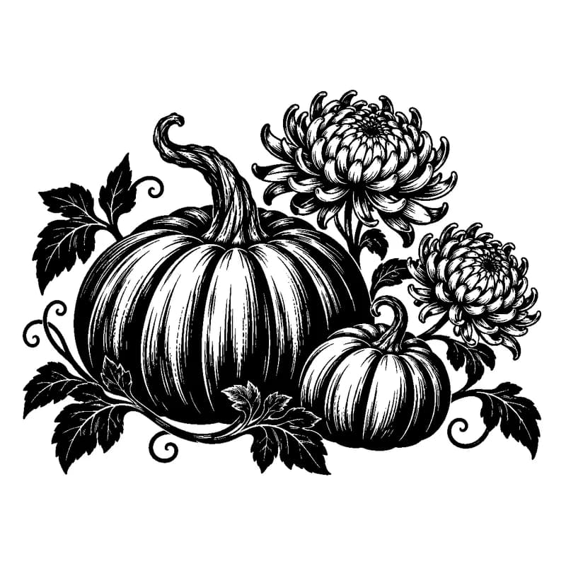 Pumpkin & Chrysanthemum: black-and-white thanksgiving laser engraving artwork