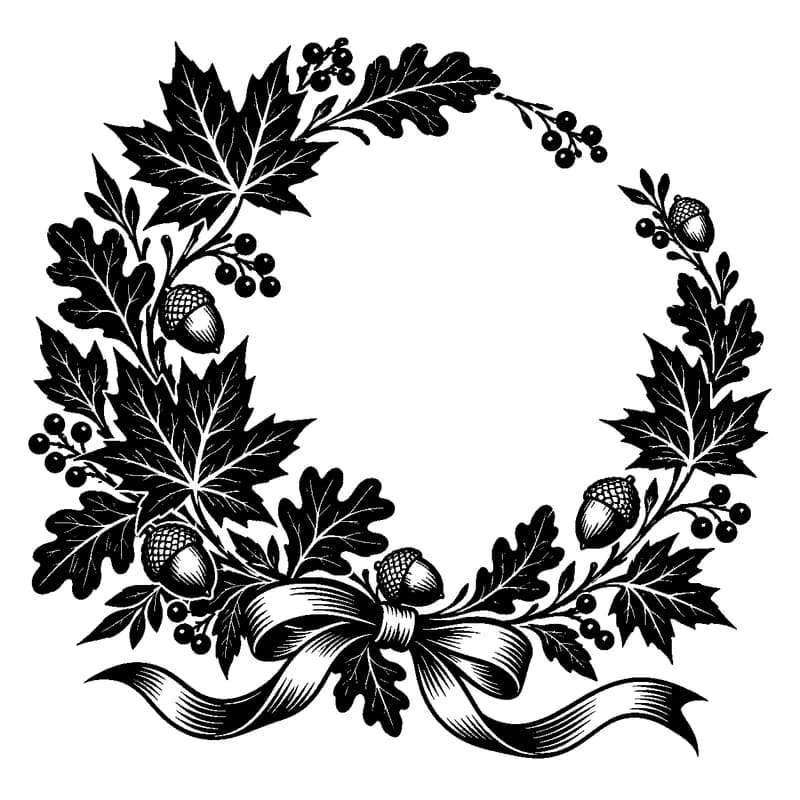 Maple & Oak Harvest Wreath: black-and-white thanksgiving laser engraving artwork