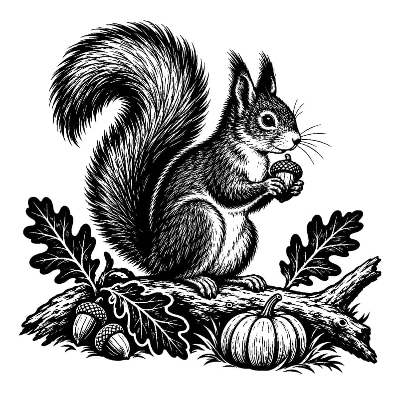 Squirrel & Acorn Bounty: black-and-white thanksgiving laser engraving artwork