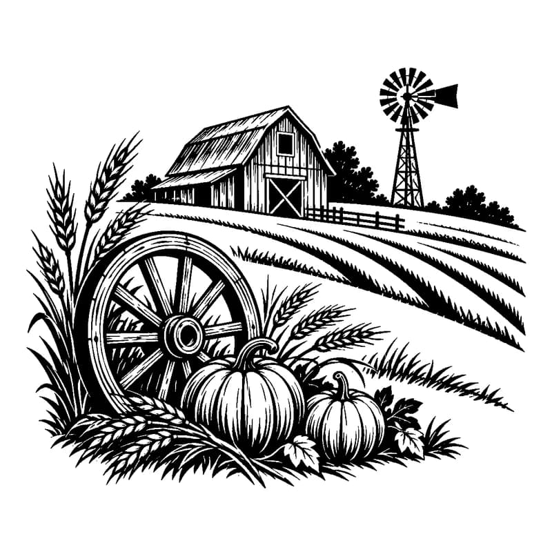 Autumn Farmstead: black-and-white thanksgiving laser engraving artwork
