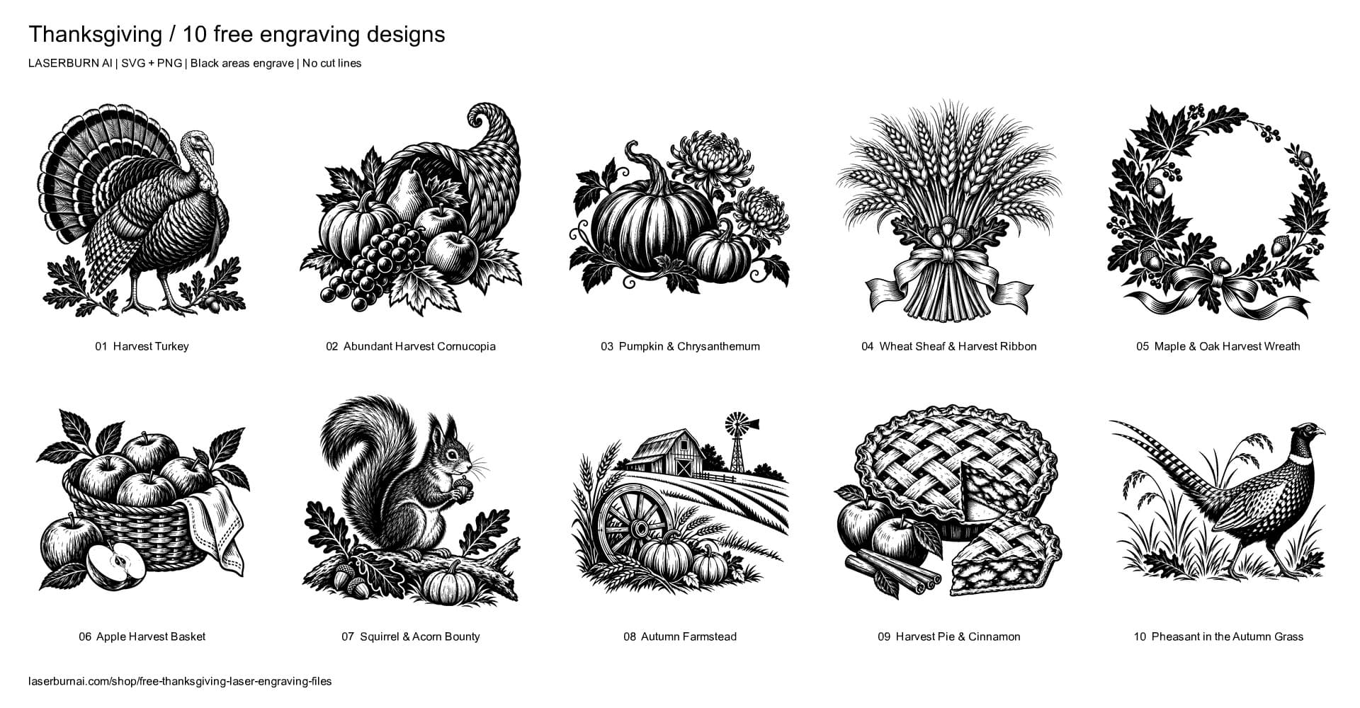 The ten Thanksgiving laser engraving designs included in the free pack