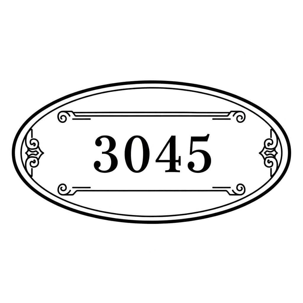 Elegant oval address plaque with serif numerals "3045" and a scroll border — laser-ready line art