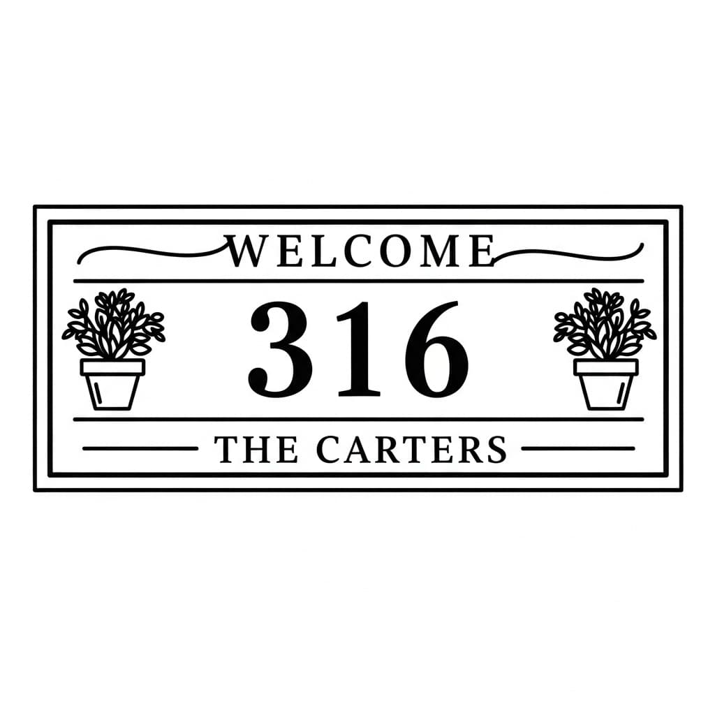 Farmhouse welcome address sign reading "Welcome 316 The Carters" with potted plants — laser-ready line art