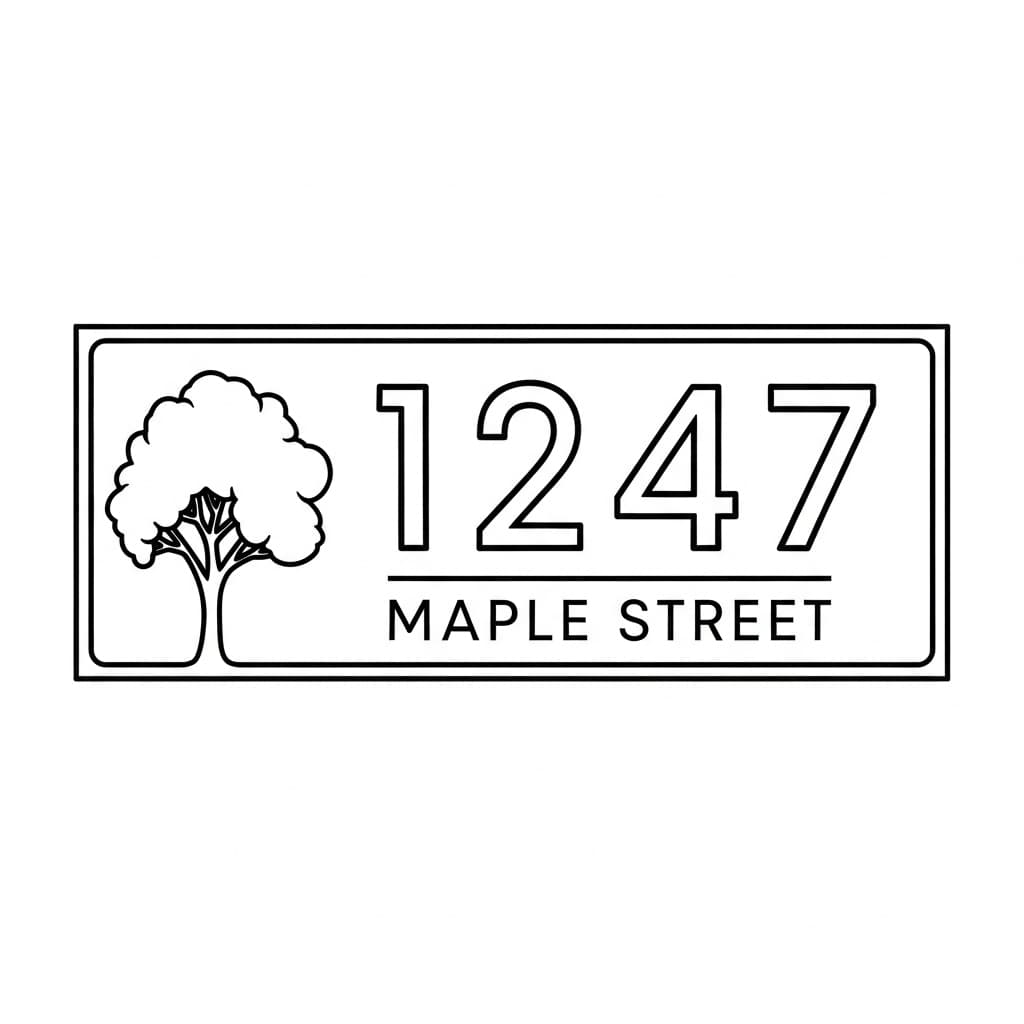 Modern horizontal address sign reading "1247 Maple Street" with a line-art tree — laser-ready line art