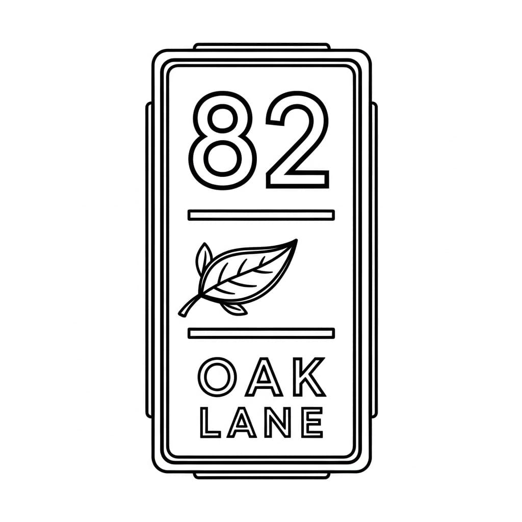 Vertical house number plaque reading "82 Oak Lane" with a leaf motif — laser-ready line art