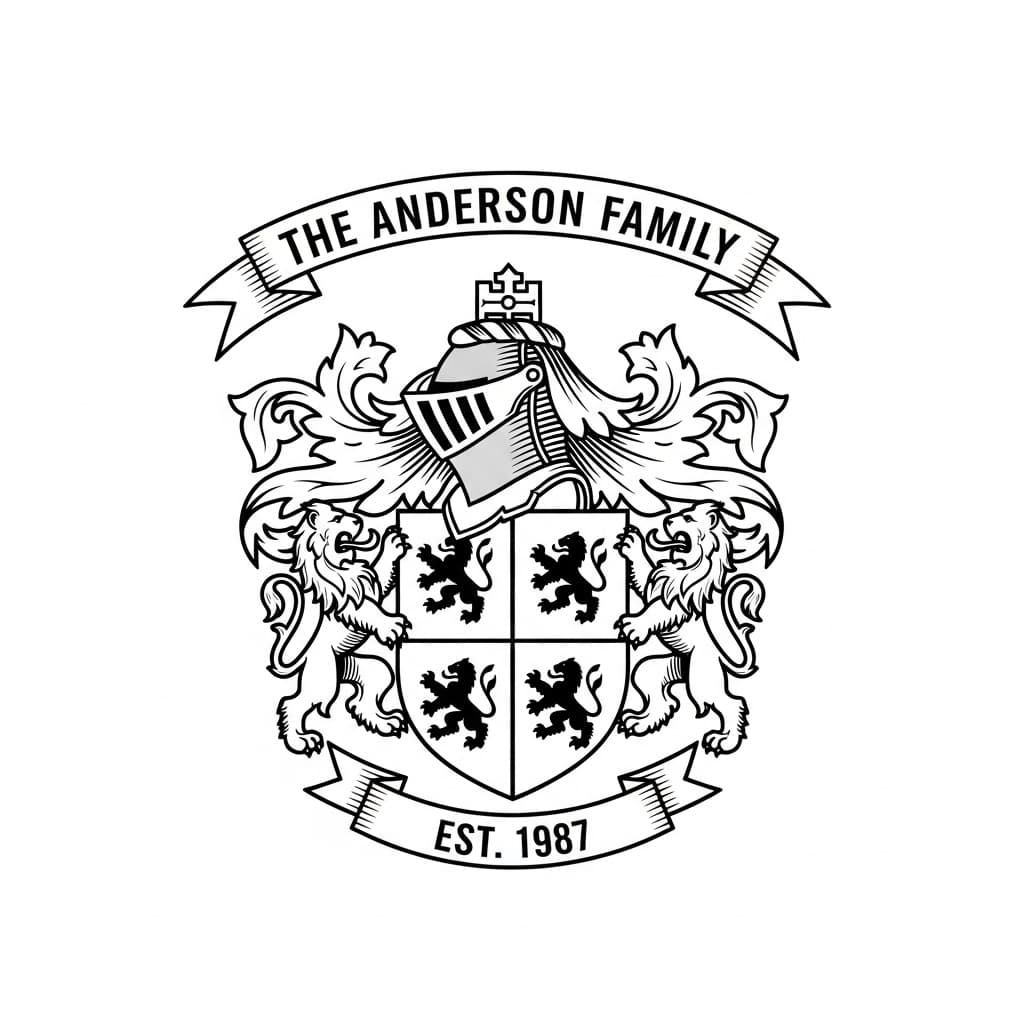 Custom heraldic family crest with a quartered shield, knight's helmet, two lions, and a banner reading "The Anderson Family, Est. 1987" — laser-ready line art