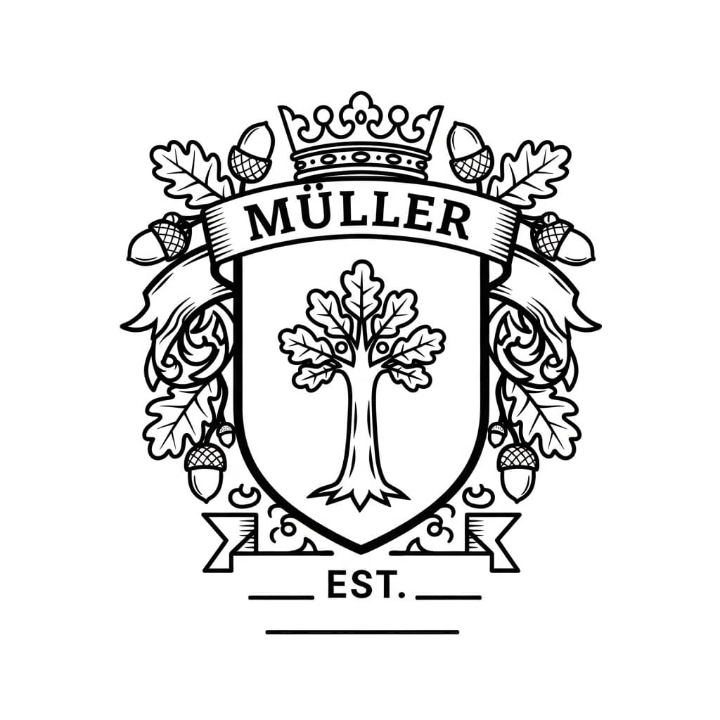 German family crest with an oak tree, crown, oak leaves and acorns, and a banner reading "Müller" — laser-ready line art