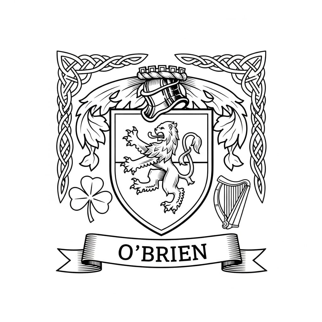 Irish family crest with a rampant lion, celtic knotwork border, shamrock and harp, and a banner reading "O'Brien" — laser-ready line art