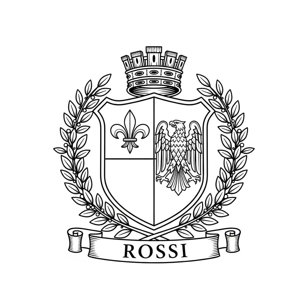 Italian family crest with a fleur-de-lis, eagle, laurel branches, and a banner reading "Rossi" — laser-ready line art