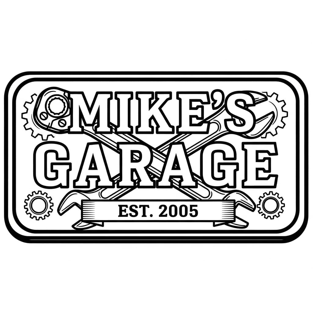 Bold garage sign reading "Mike's Garage, Est. 2005" with a crossed wrench and ratchet and gear accents — laser-ready line art