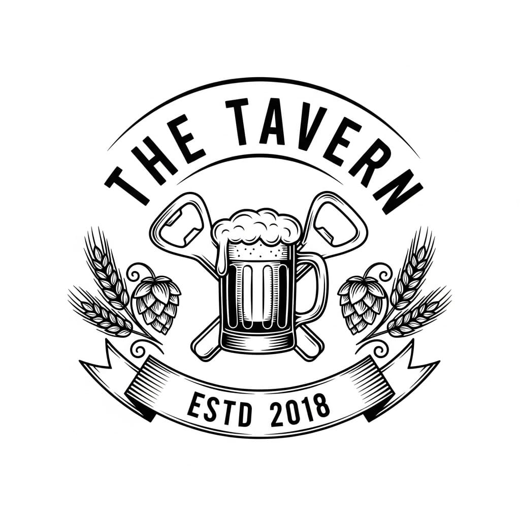 Vintage pub badge reading "The Tavern, Estd 2018" with a beer mug and hops — laser-ready line art