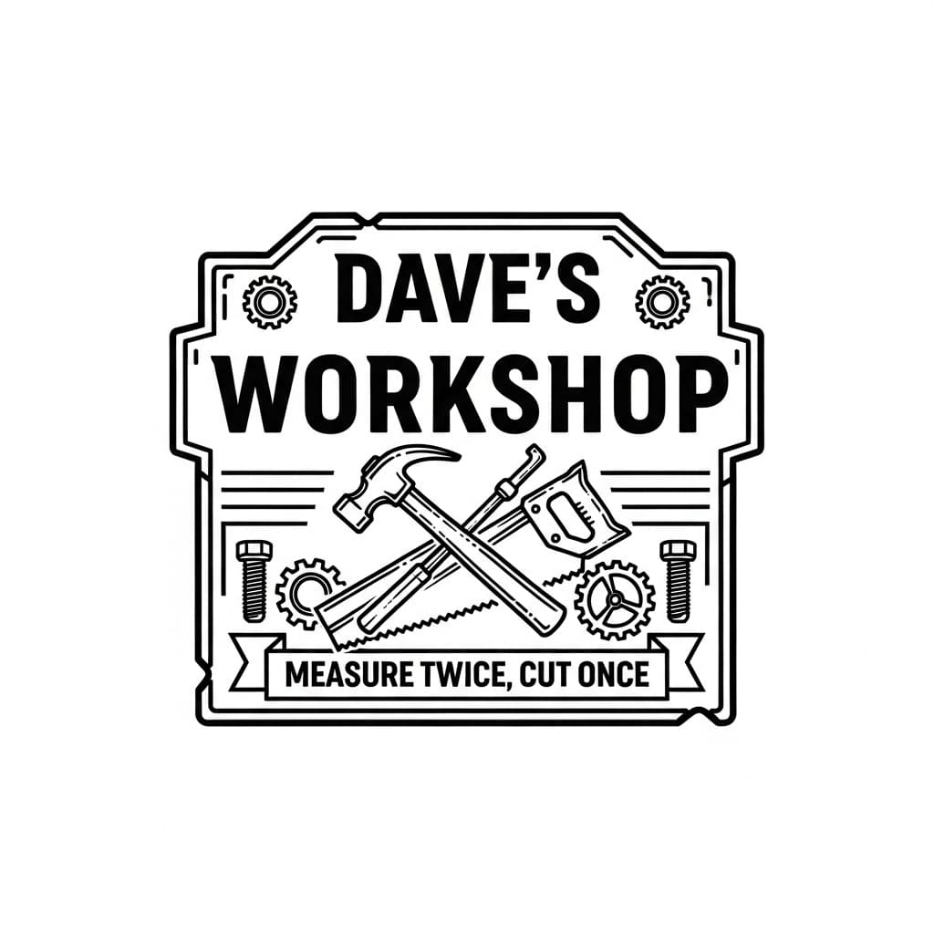 Workshop sign reading "Dave's Workshop, Measure Twice Cut Once" with a hammer and saw — laser-ready line art