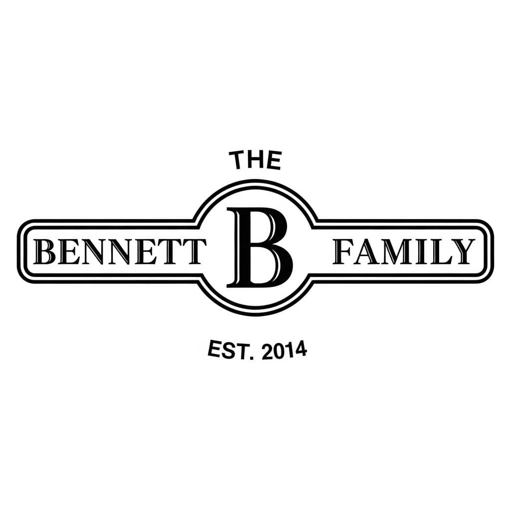 Split-name family sign with a center monogram B reading "The Bennett Family, Est. 2014" — laser-ready line art