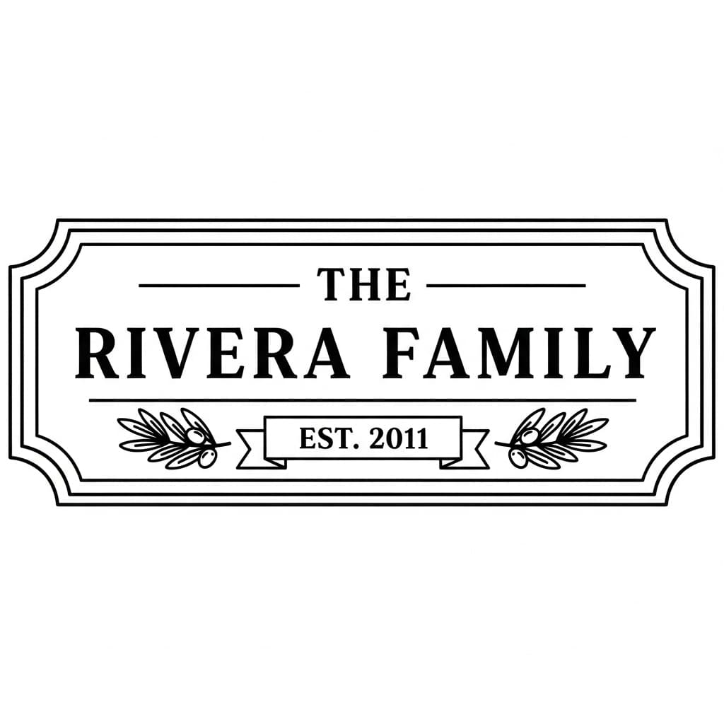Rectangular family name sign reading "The Rivera Family, Est. 2011" with olive branches — laser-ready line art