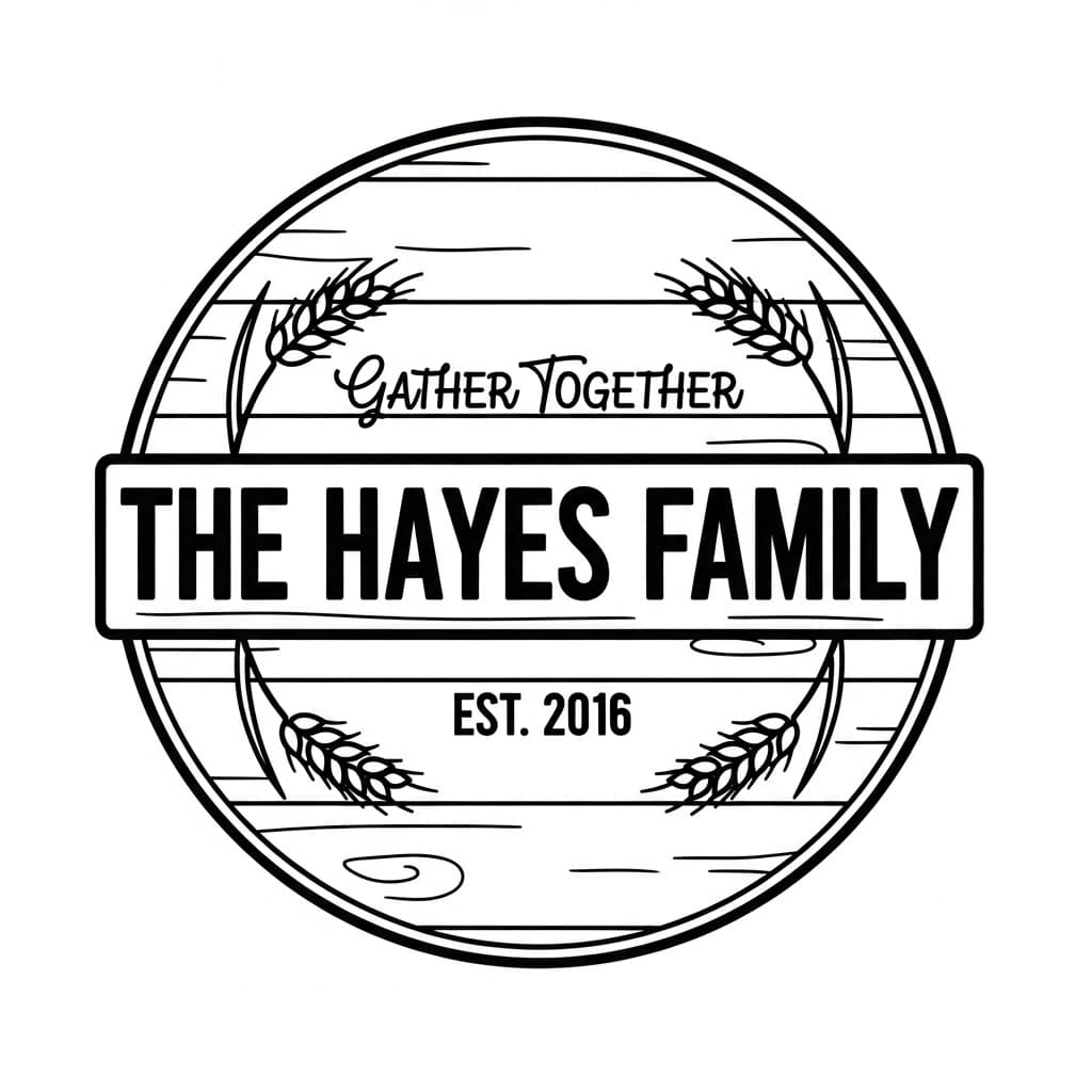Round farmhouse family sign reading "The Hayes Family, Gather Together, Est. 2016" with wheat sprigs — laser-ready line art