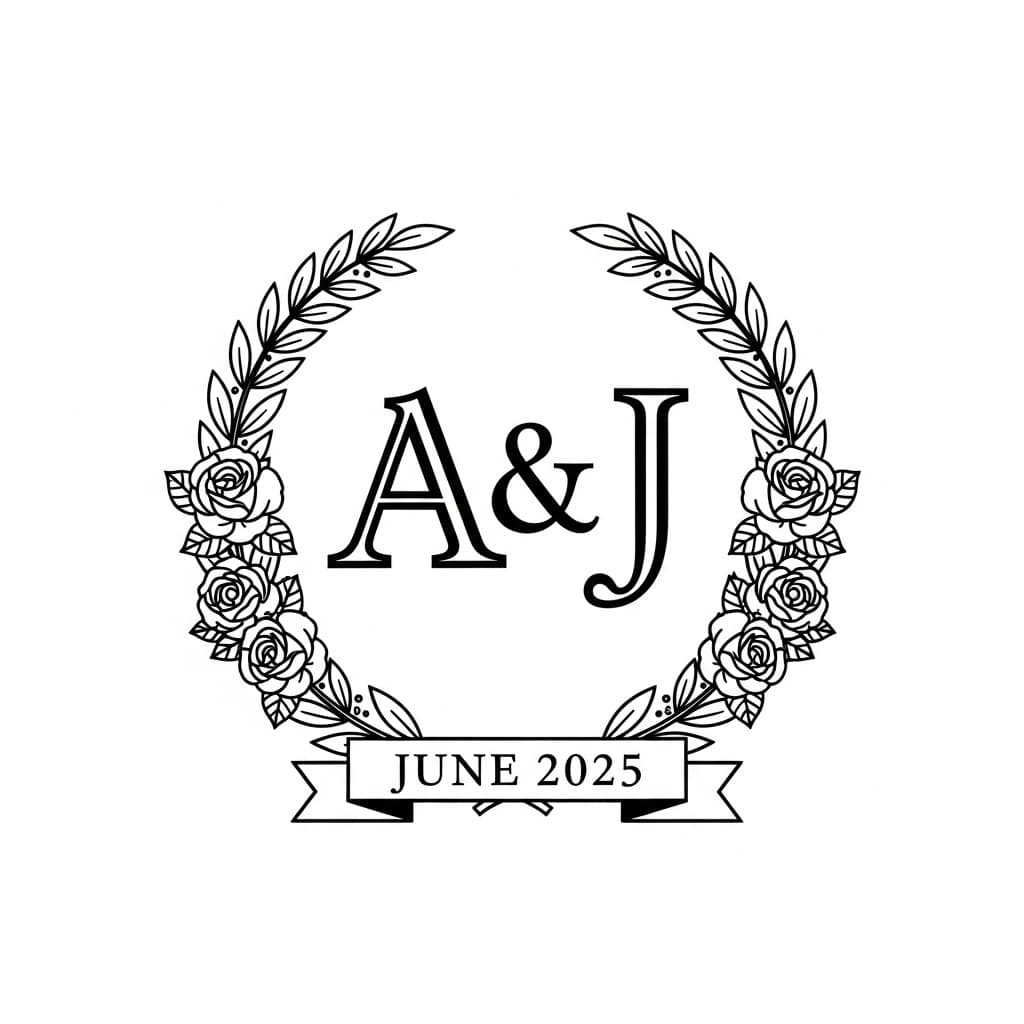 Wedding monogram with intertwined initials A & J in a laurel and rose wreath and a June 2025 banner — laser-ready line art