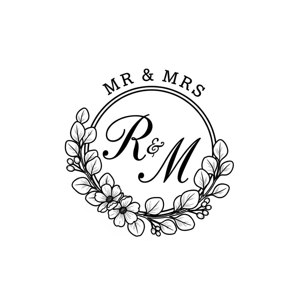 Circular wedding monogram with initials R and M, eucalyptus leaves, and "Mr & Mrs" arched above — laser-ready line art