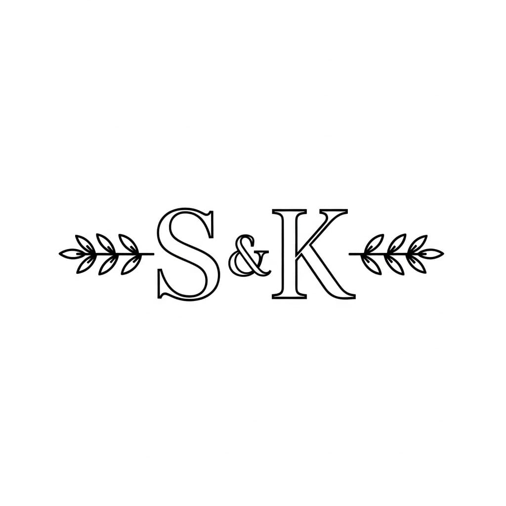 Modern minimalist wedding monogram with serif initials S & K joined by an ampersand and thin laurel branches — laser-ready line art