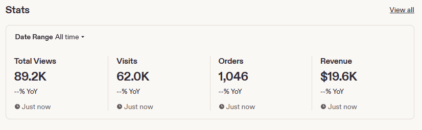 Experimental laser-product shop Etsy dashboard showing $19.6K displayed in all-time gross revenue