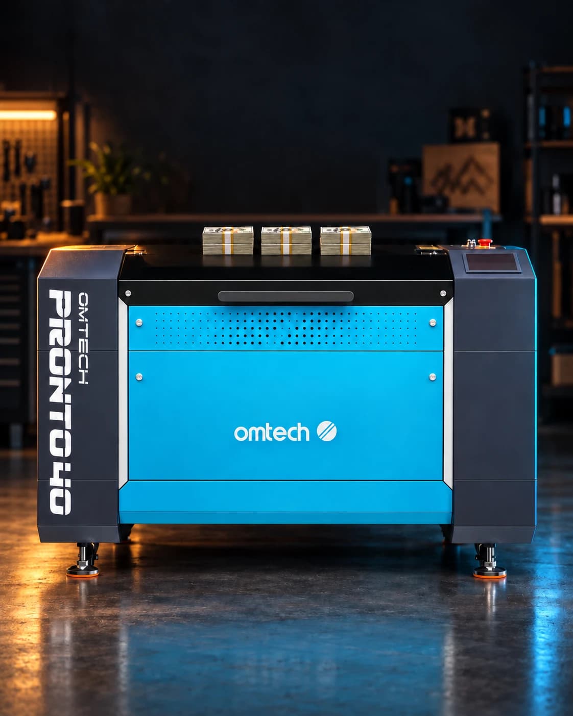Three small, evenly sized cash stacks on a blue OMTech Pronto 40 laser in a workshop