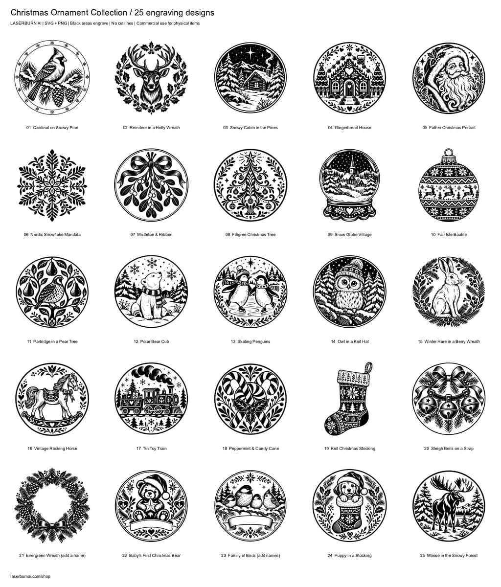 All 25 designs in Christmas Ornament Engraving Collection