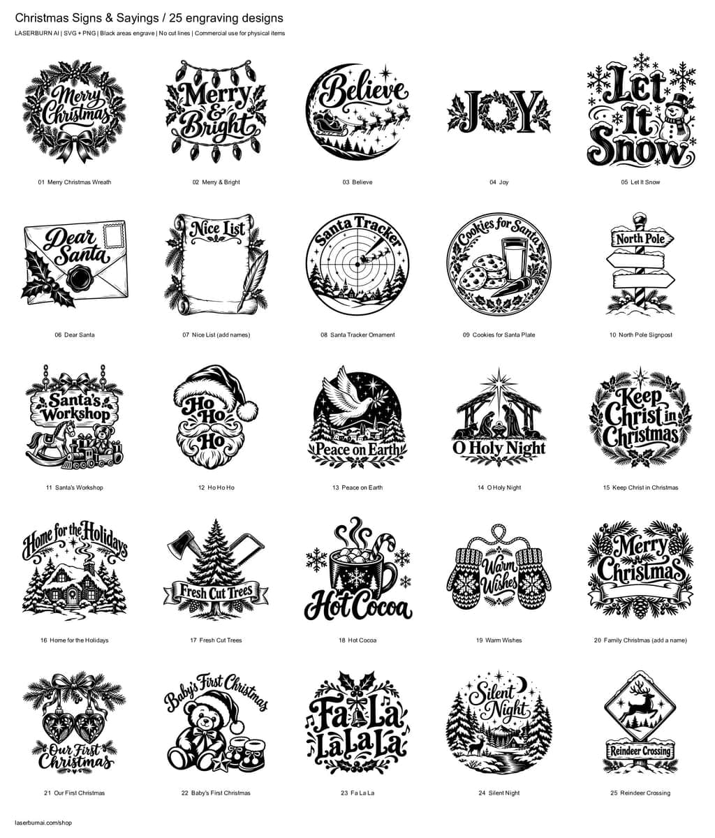 All 25 designs in Christmas Signs & Sayings Engraving Pack