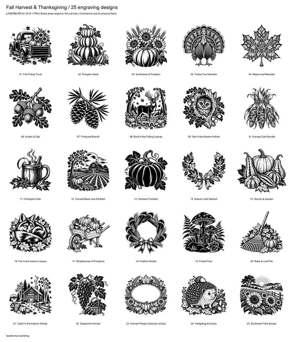 All 25 designs in Fall Harvest & Thanksgiving Engraving Pack
