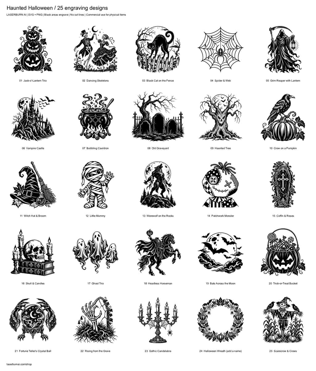 All 25 designs in Haunted Halloween Engraving Pack