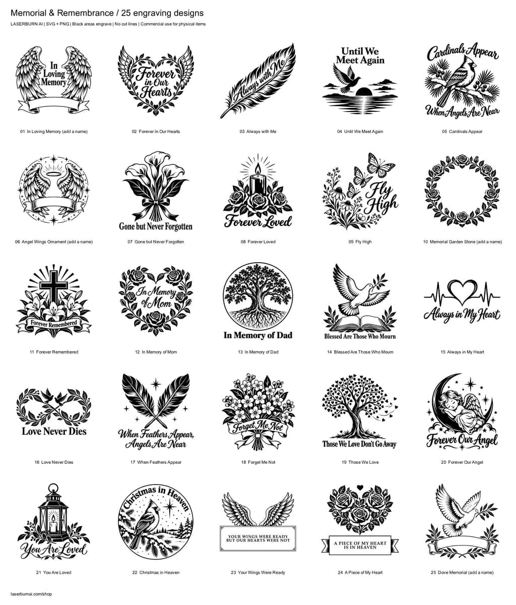 All 25 designs in Memorial & Remembrance Engraving Pack