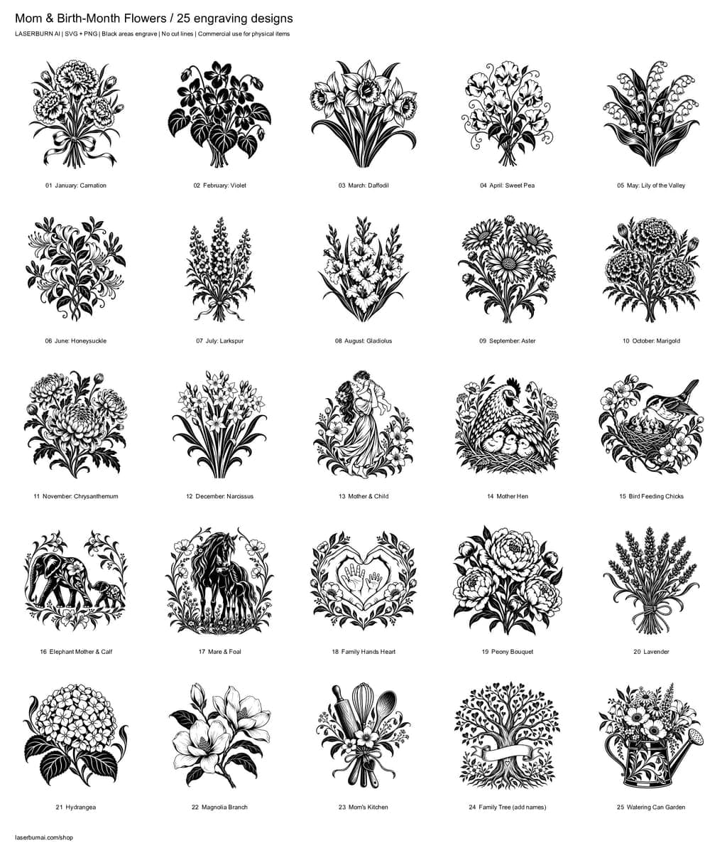 All 25 designs in Mom & Birth-Month Flowers Engraving Pack