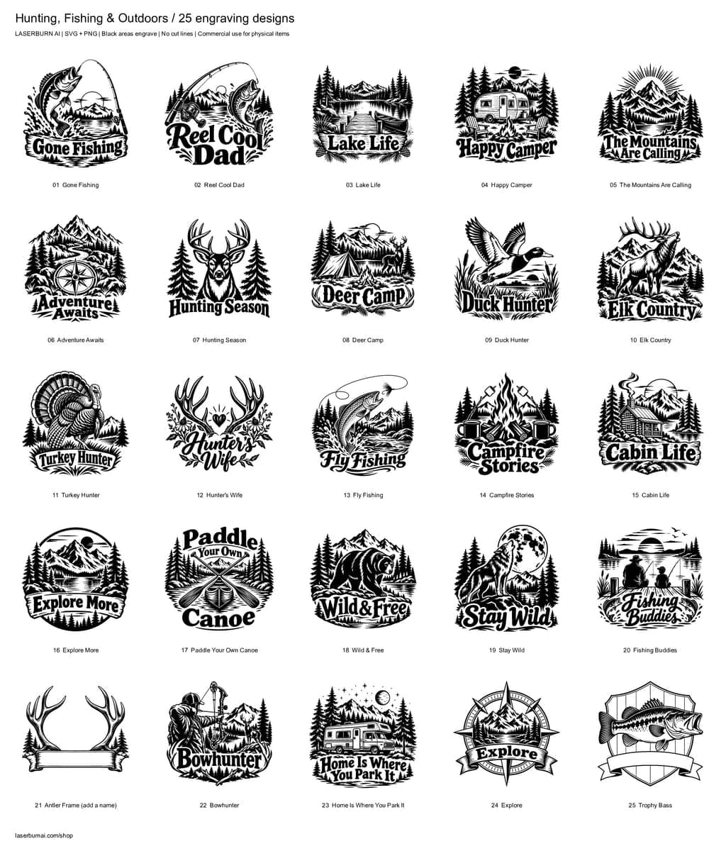 All 25 designs in Hunting, Fishing & Outdoors Engraving Pack