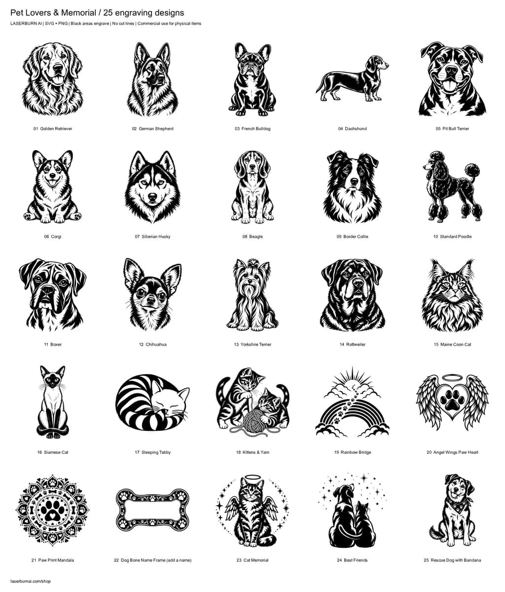 All 25 designs in Pet Lovers & Memorial Engraving Pack