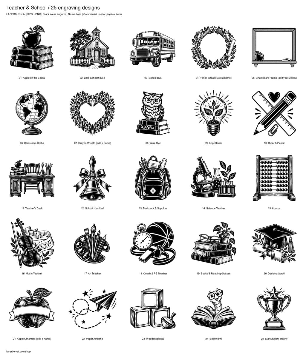 All 25 designs in Teacher & School Engraving Pack