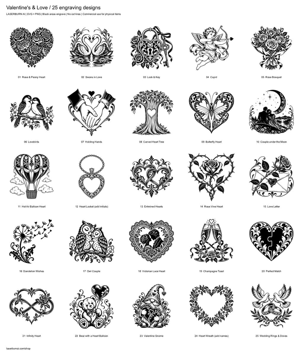 All 25 designs in Valentine's & Love Engraving Pack
