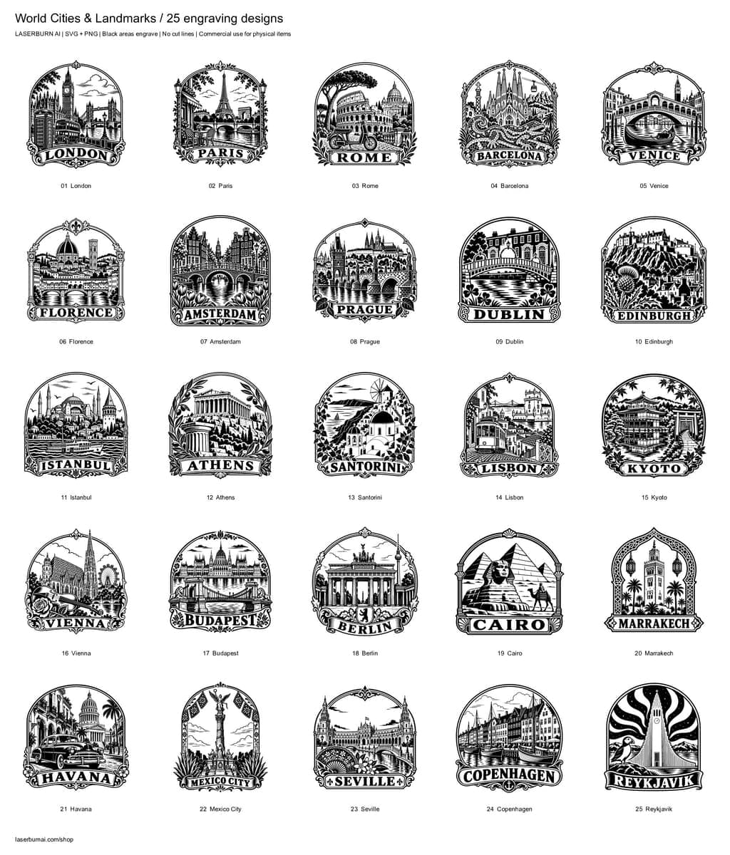 All 25 designs in World Cities & Landmarks Engraving Pack