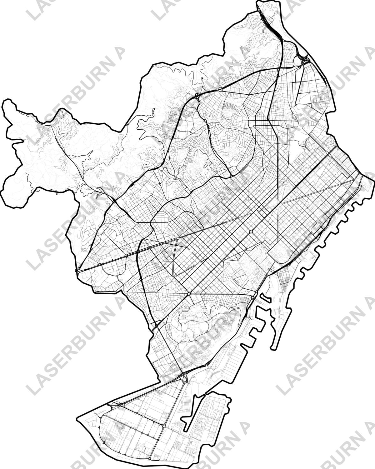 Barcelona Spain city grid map SVG preview for laser cutting and printing