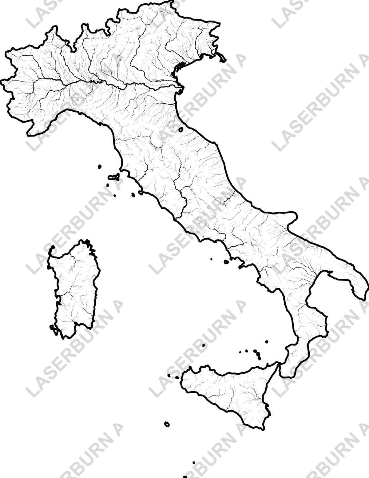 Italy rivers and watershed map SVG preview with national border