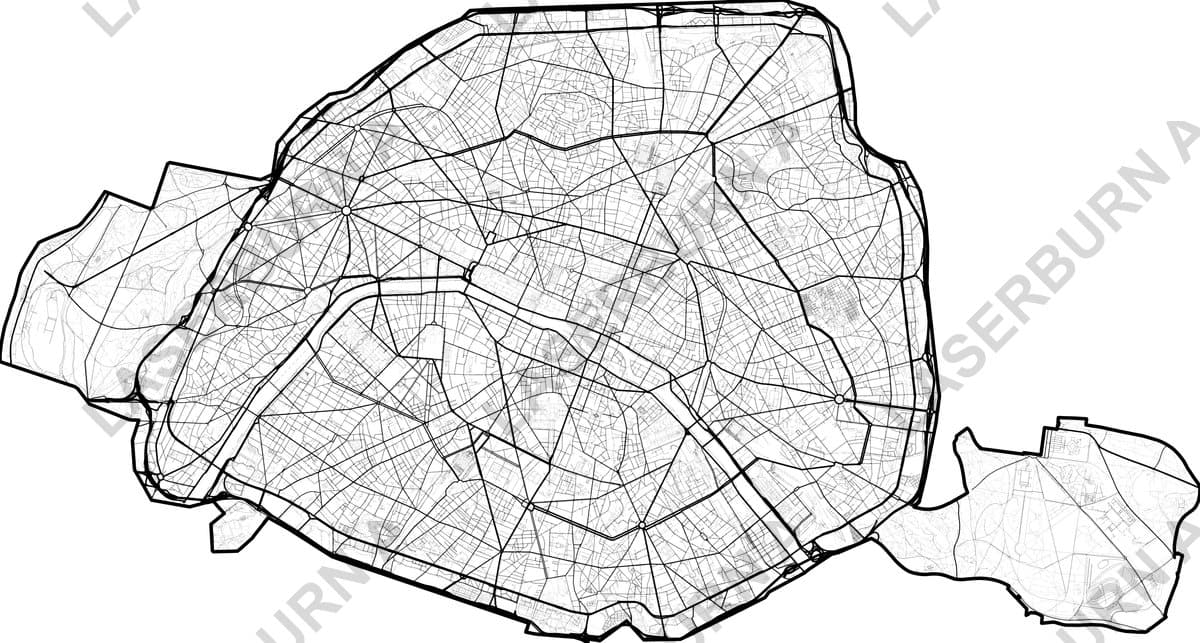 Paris France street network map SVG preview for laser cutting and digital printing