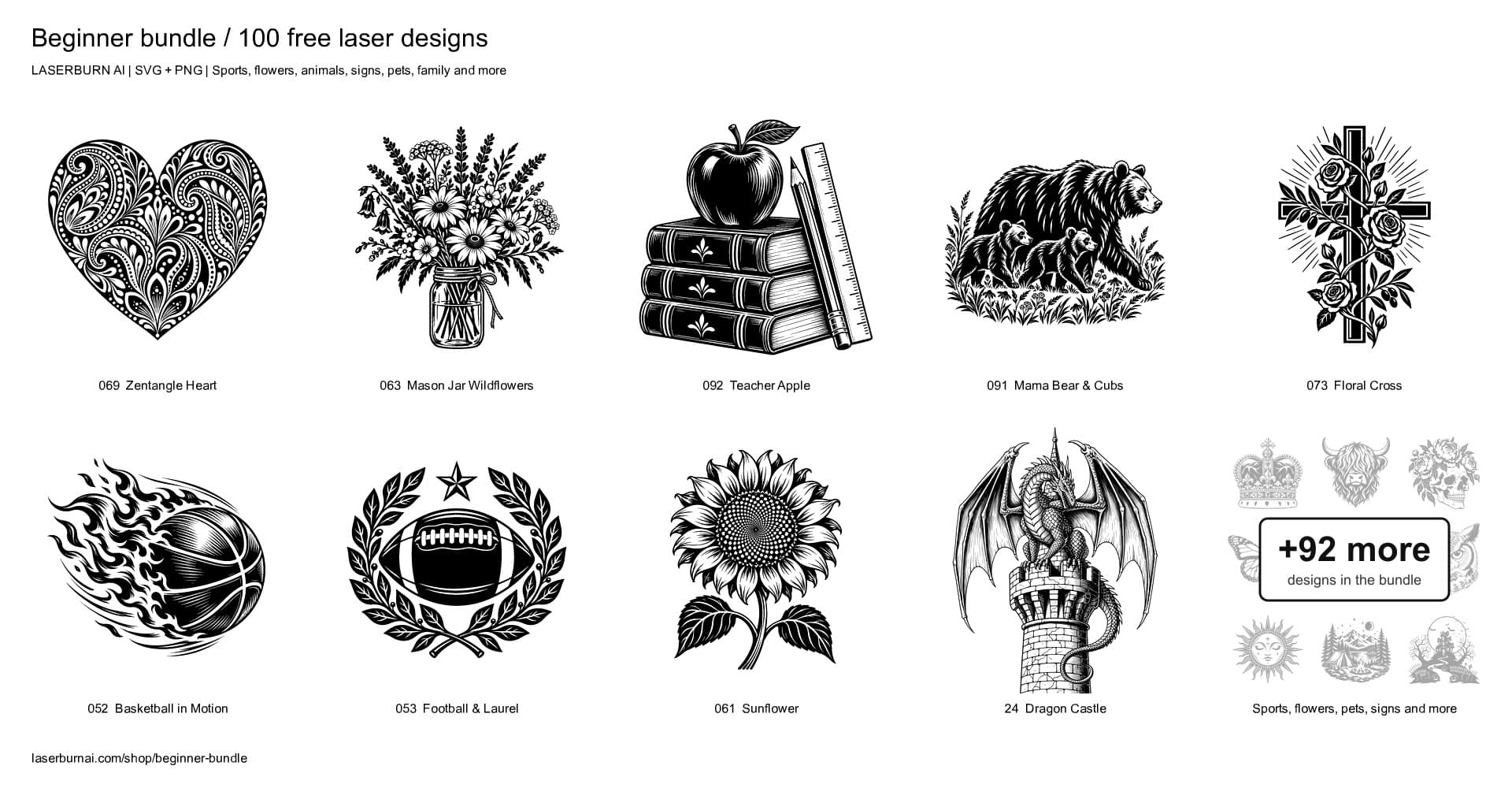 Nine of the free beginner bundle laser designs, from a Santa sign and haunted house to a dragon castle and owl, plus 42 more
