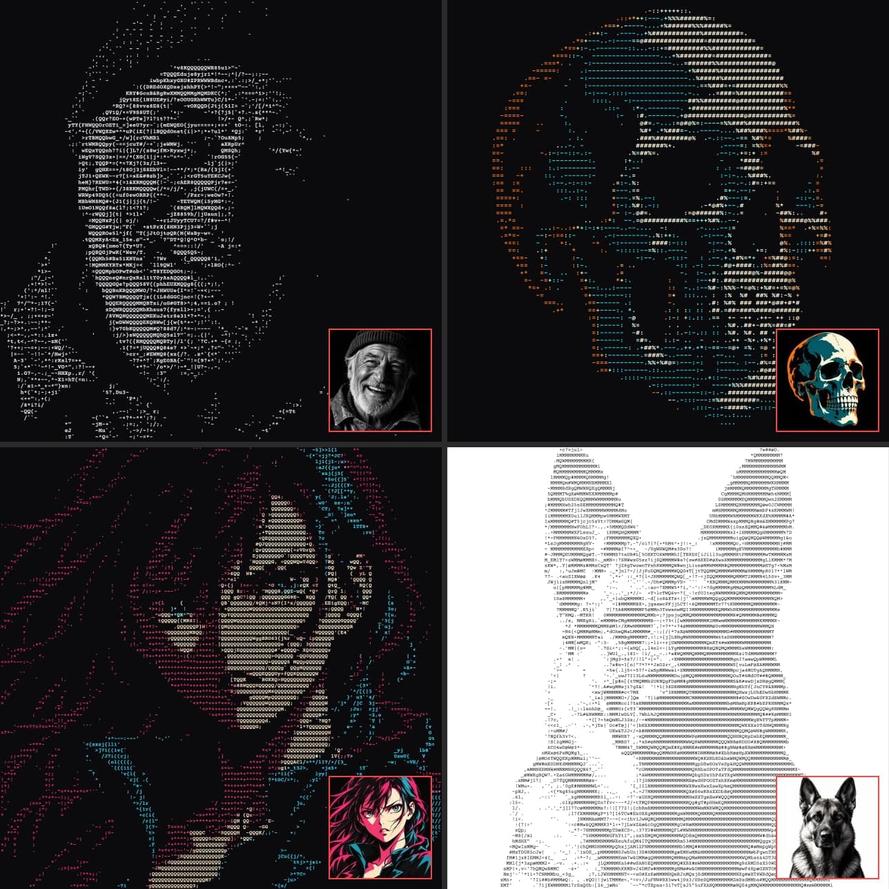 Four images converted to ASCII art: a laughing fisherman in white characters on black, a skull in orange and teal characters, an anime girl in magenta and cyan characters, and a German shepherd in black characters on white