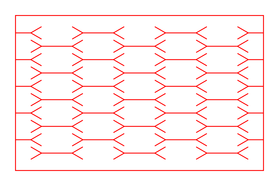 Cross living hinge pattern: straight laser cuts with forked ends whose arms interlock into diagonal flexures